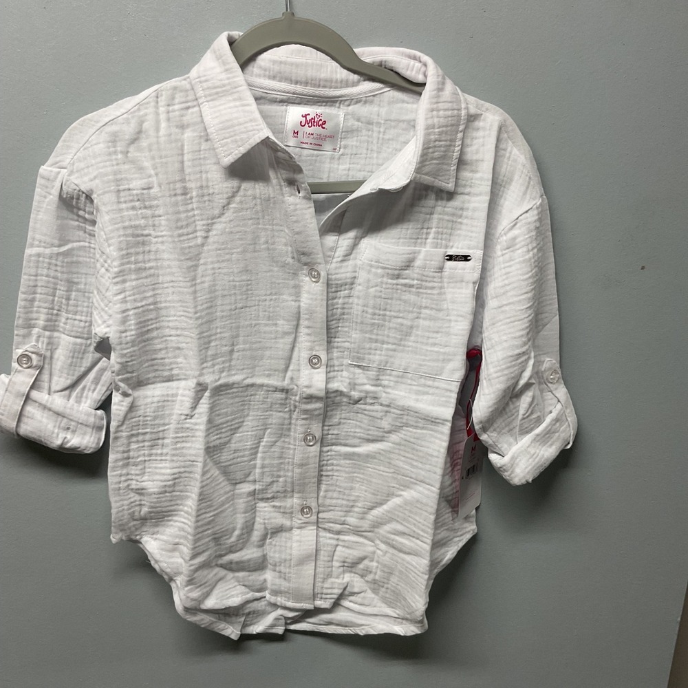 Justice Girls White Gauze Beach Shirt Size M 10 Roll Tab Sleeves